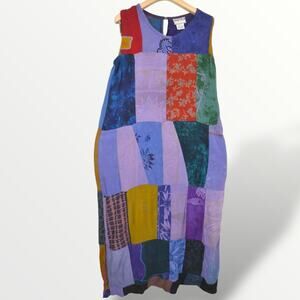 Vintage Patchwork Dress Silverstream Boho Maxi A-Line Rayon Handmade Hippie S